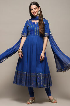 Blue Cotton Blend Anarkali Kurta Churidar Suit Set image number 0