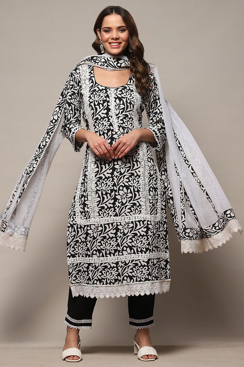 White Black Rayon Unstitched Suit Set image number 1