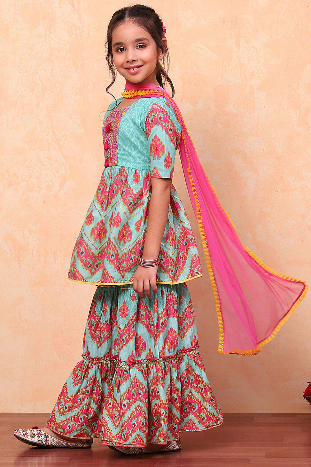Turquoise Cotton Ikat Printed Peplum Flared Suit Set image number 4
