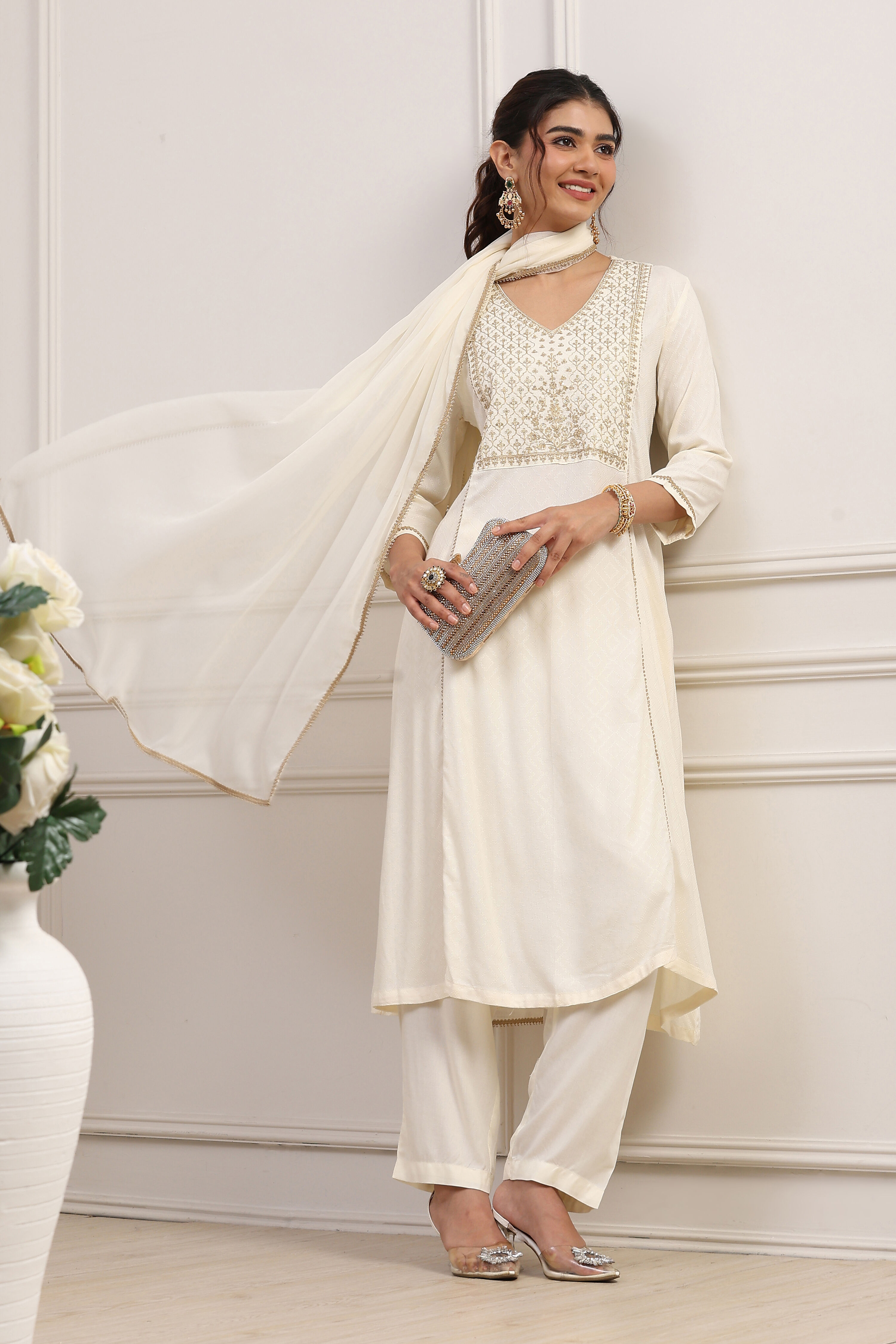 White Viscose Rayon Kalidar Suit Set image number 0
