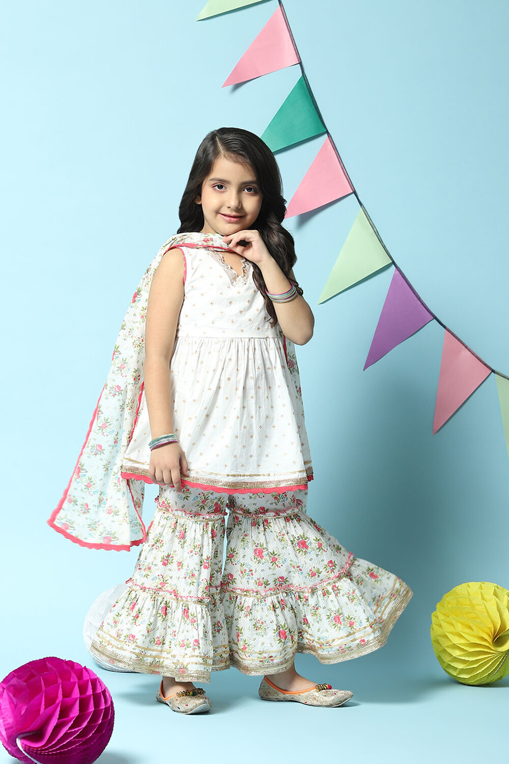 Off White Cotton Gathered Kurta Garara Suit Set image number 7