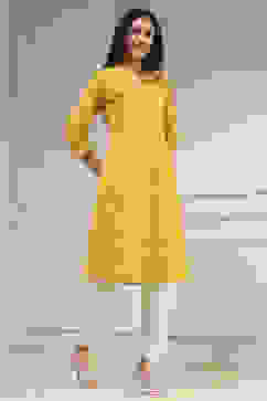Yellow Cotton Ikat Straight Kurta image number 4