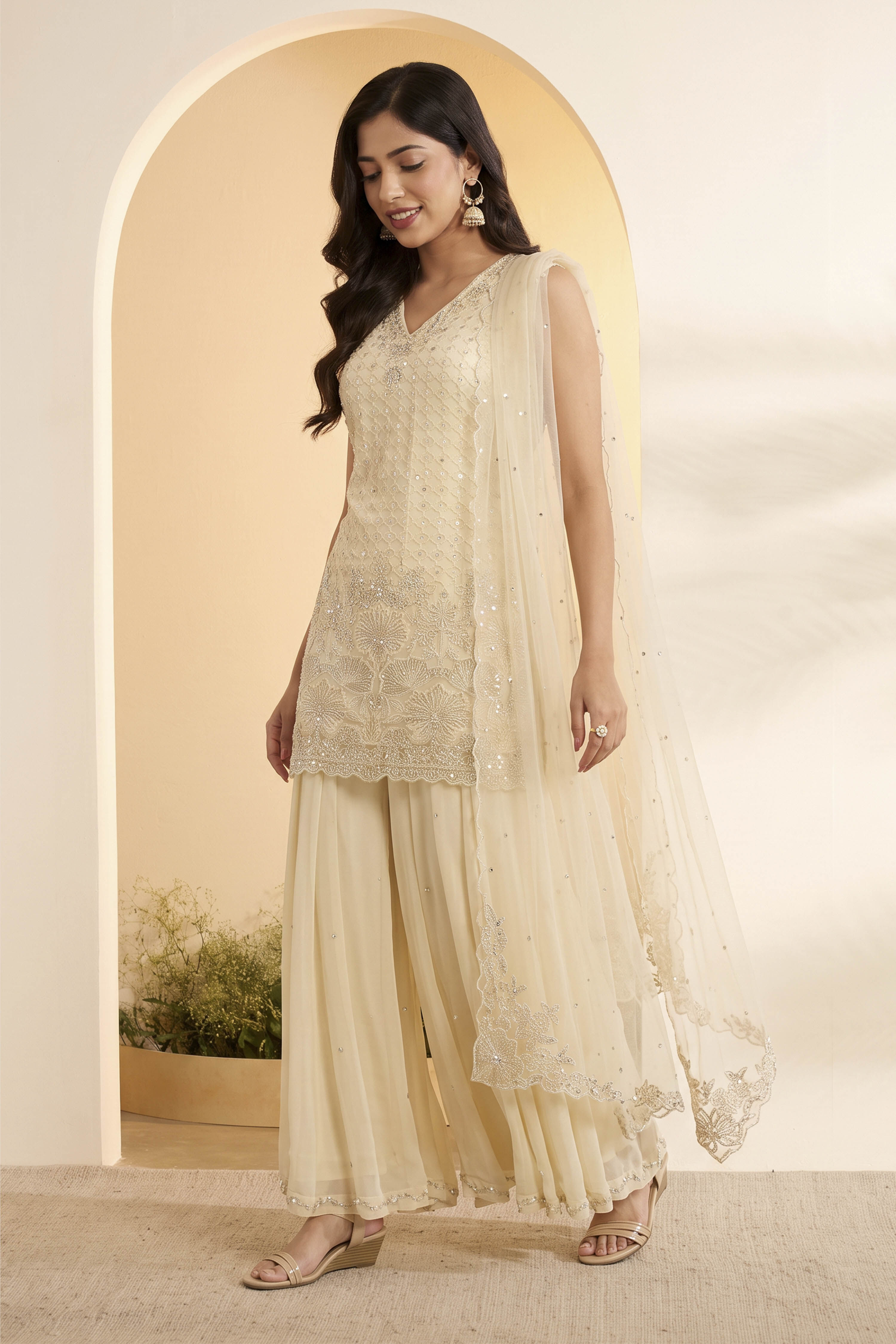 Ivory Embroidered Sharara Set with Net Dupatta image number 1