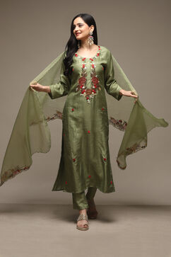 Green Silk Blend Hand Embroidered Unstitched Suit Set image number 8