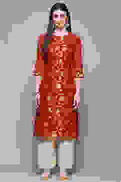 Red Polyester Straight Kurta image number 5