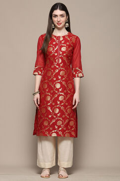 Red Polyester Straight Kurta image number 5