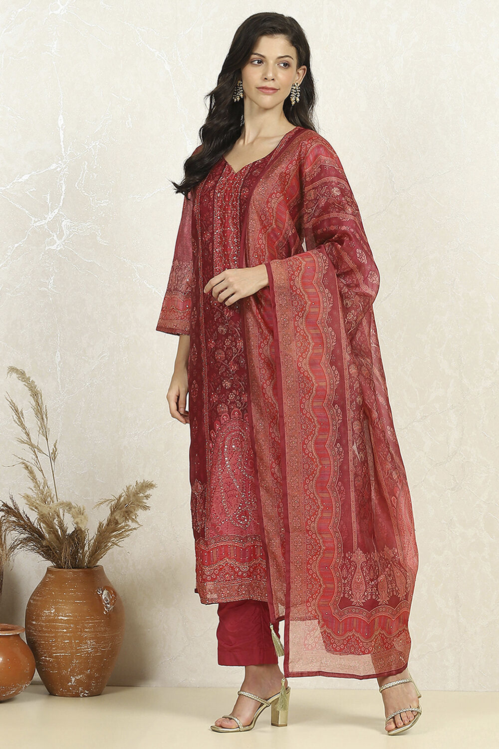 Teal Chanderi Unstitched Suit Set image number 4