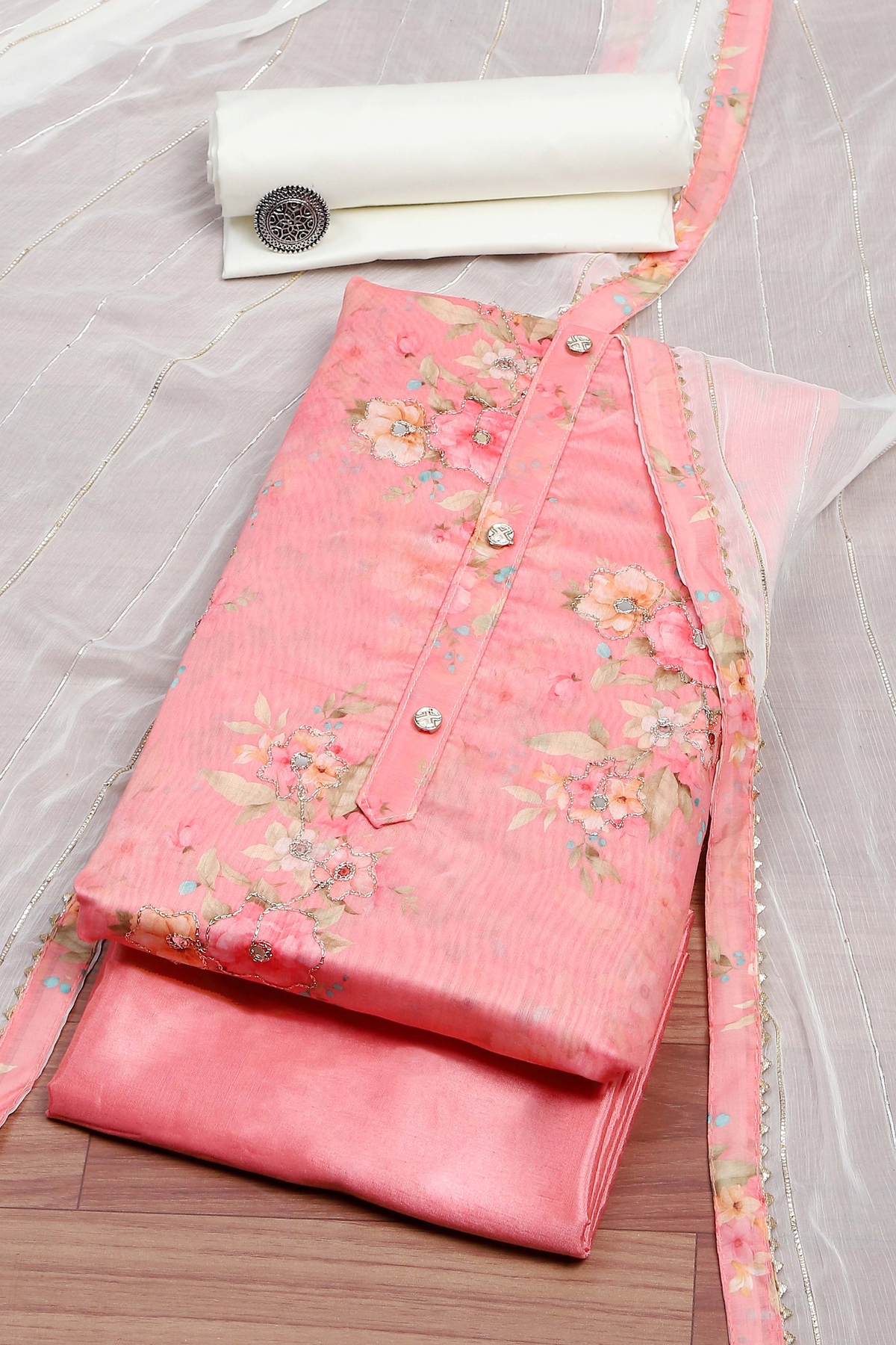 Pink Chanderi  Printed Unstitched Suit Set