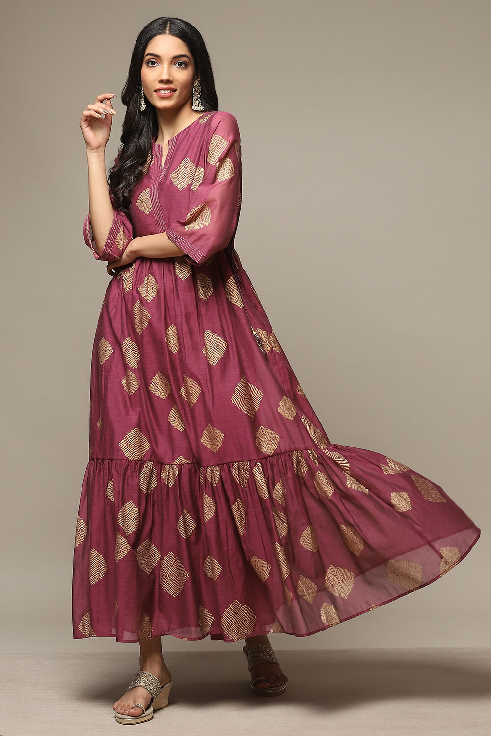 Golden Yellow Cotton Blend Tiered Printed Dress image number 5