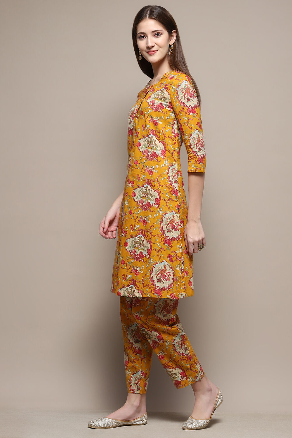 Mustard Cotton Straight Kurta Relaxed Pant Suit Set image number 3