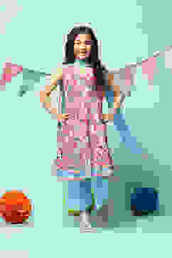 Blue Cotton Tiered Kurta Straight Palazzo Suit Set image number 7