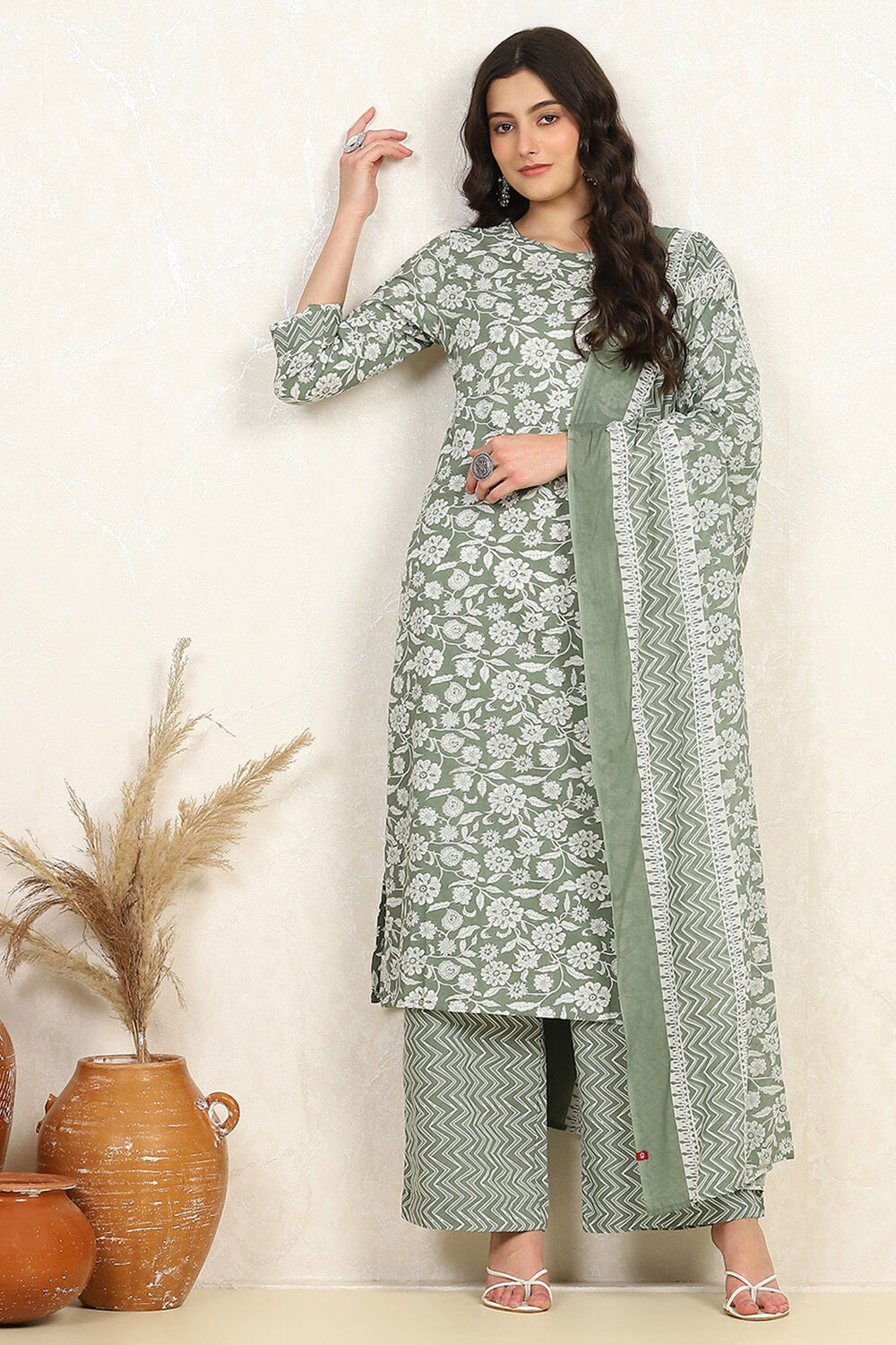 Purple Cotton Screen Printed Unstitched Suit Set image number 1