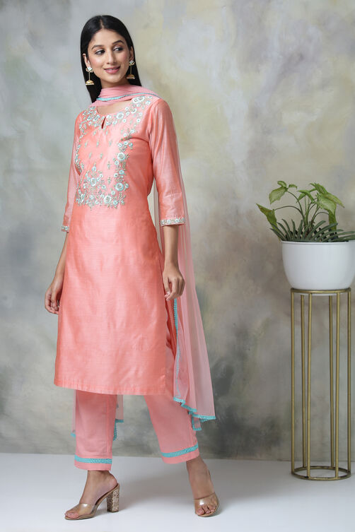 Peach Art Silk A-Line Kurta Regular Pant Suit Set image number 5