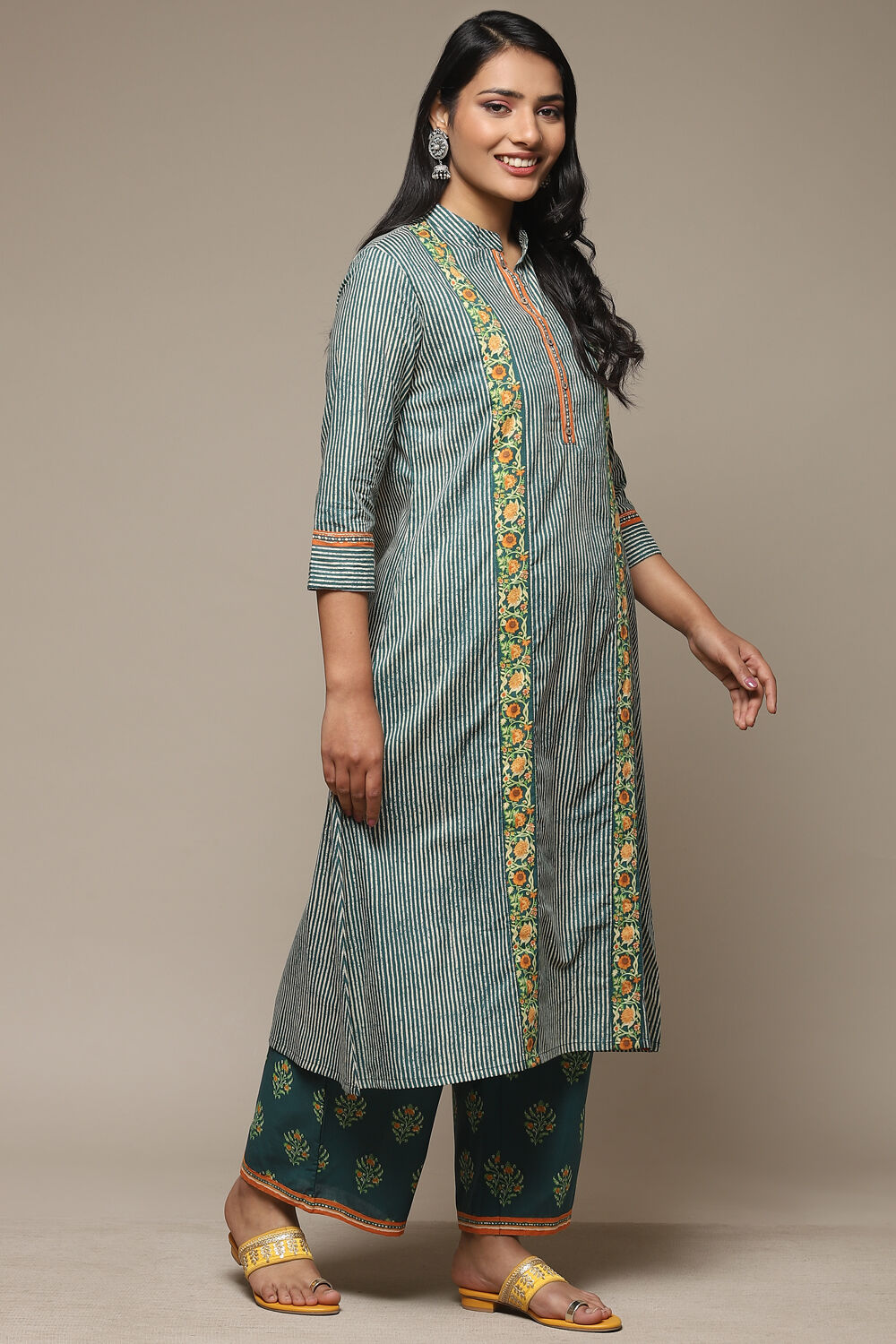 Teal Cotton A-Line Kurta Palazzo Suit Set image number 5