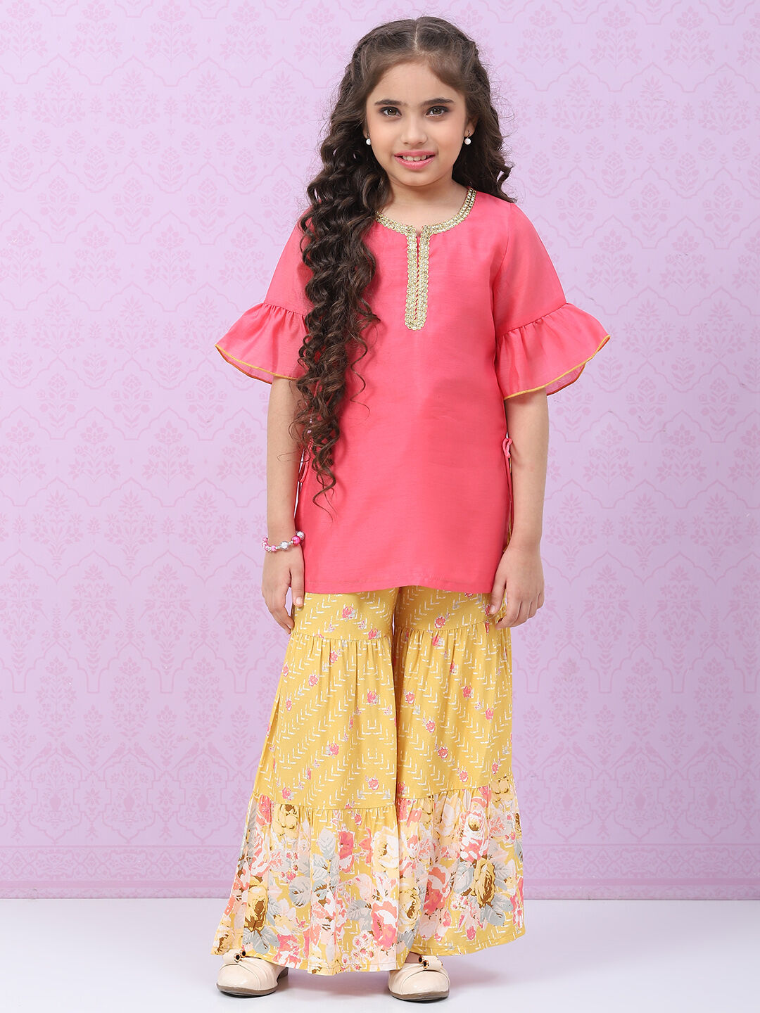 Pink & Yellow Art Silk Straight Kurta Set image number 0