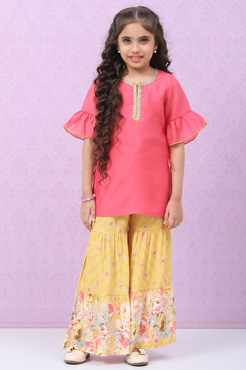 Pink & Yellow Art Silk Straight Kurta Set image number 0