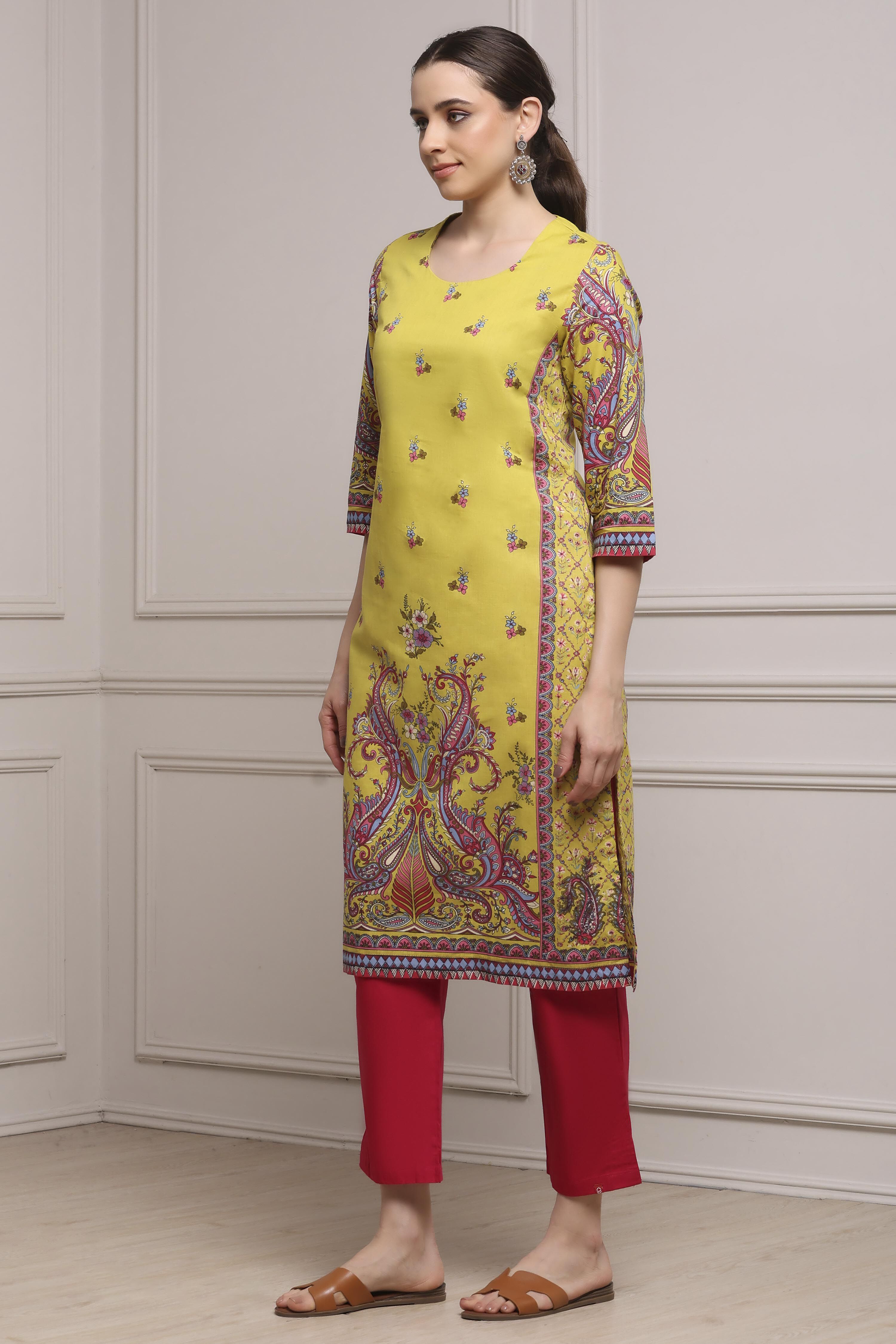 Green Cotton Printed Straight Kurta image number 2