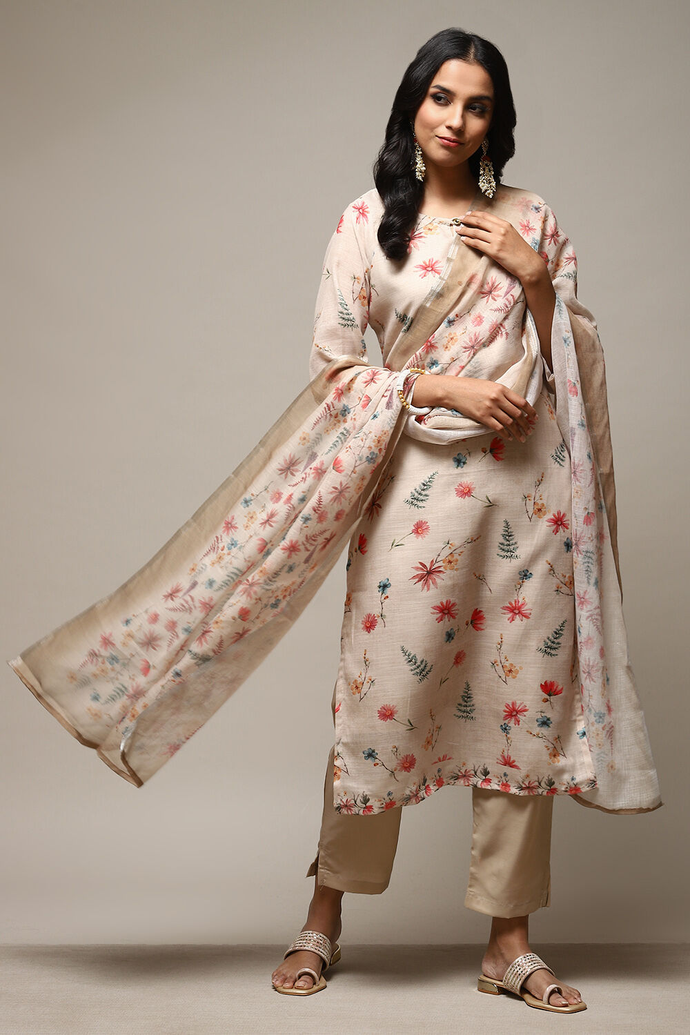 Cream Linen Digital Print Unstitched Suit Set image number 10