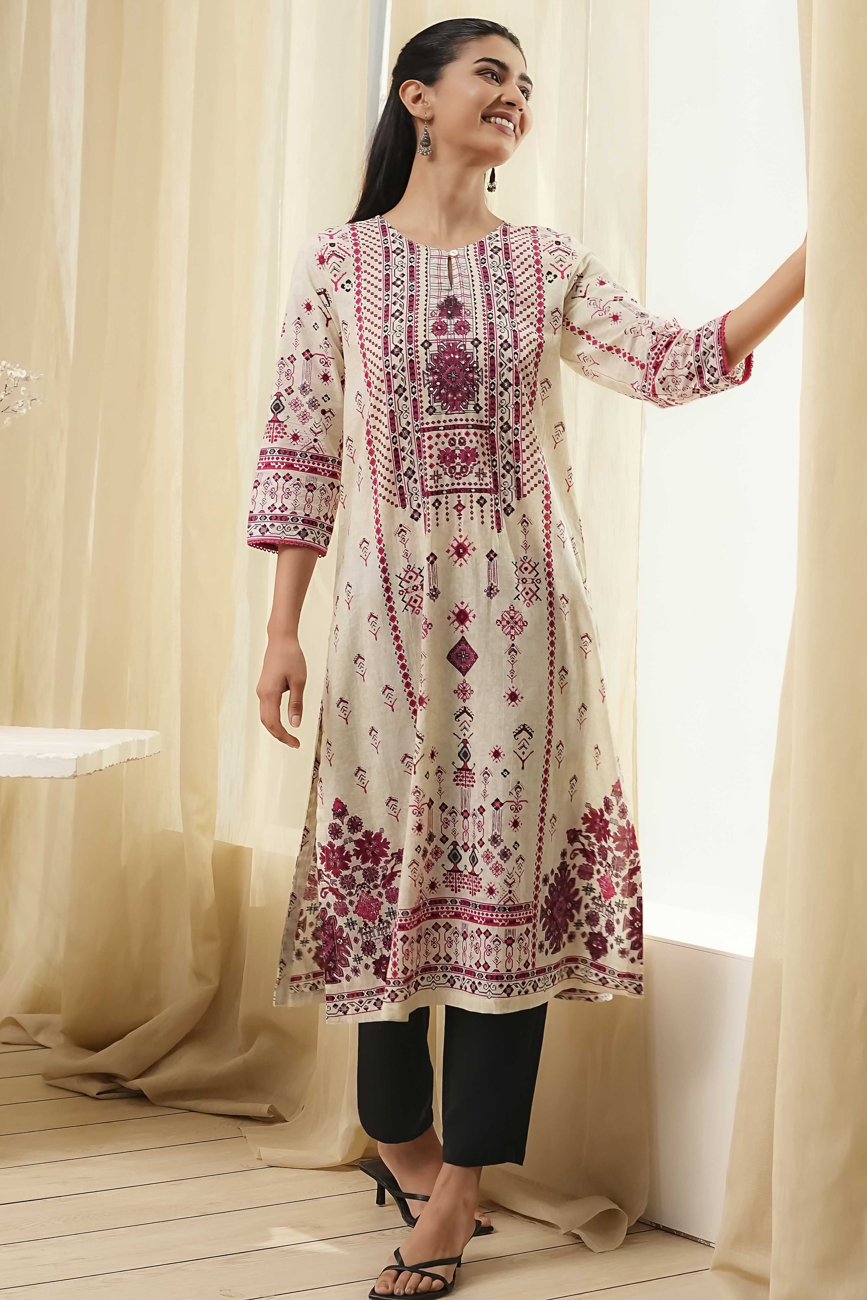 Off-White and Blue Cotton Straight Kurta image number 0