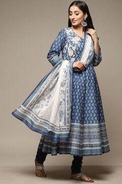 Indigo Cotton Anarkali Kurta Churidar Suit Set image number 5