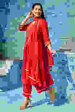 Red Rayon Gathered Suit Set image number 4