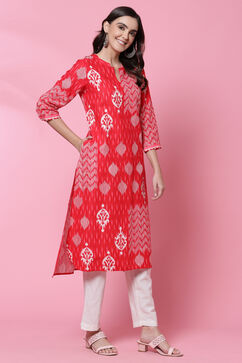 Red Cotton A Line Kurta image number 3