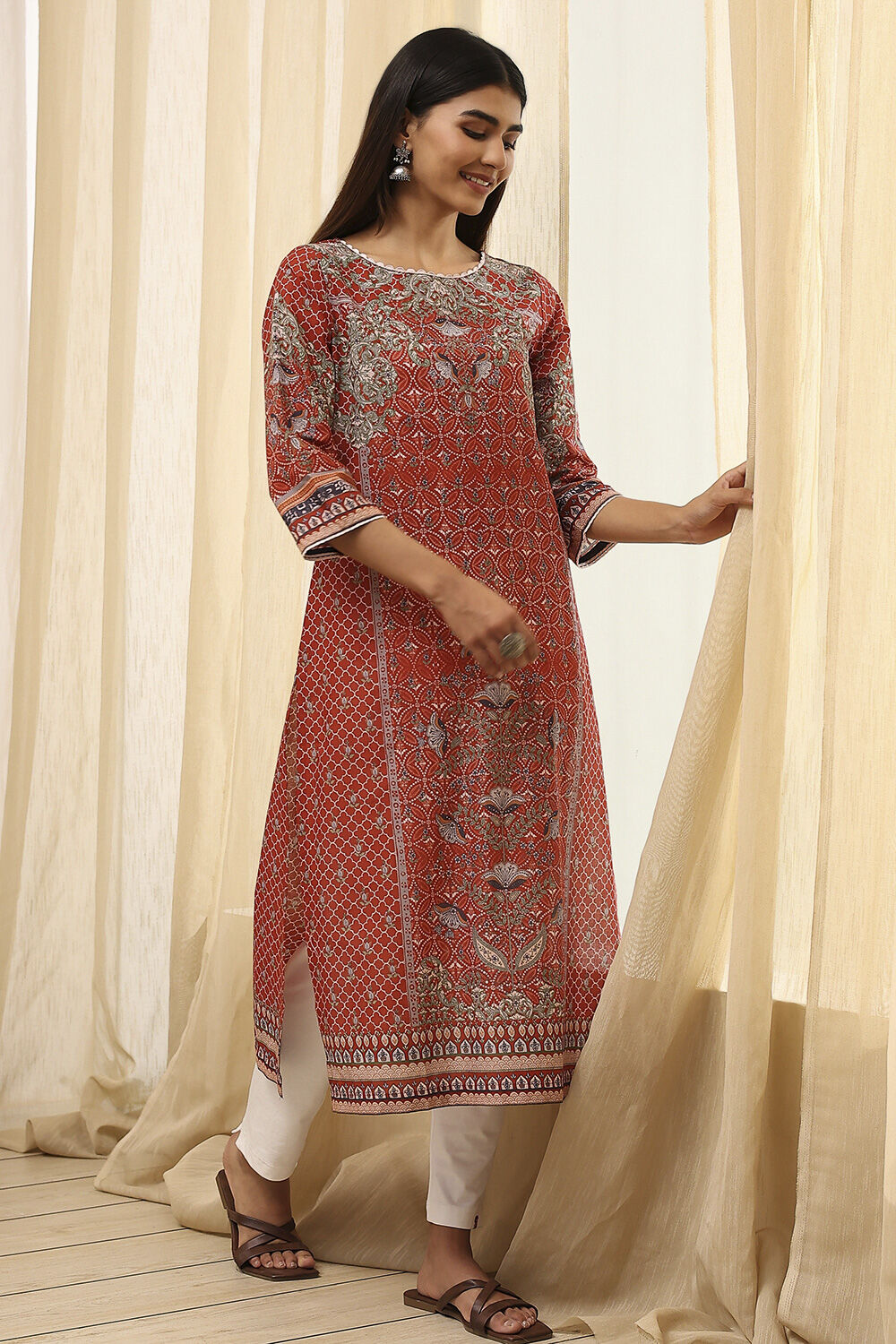 Green Cotton Printed Straight Kurta image number 0