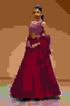 Berry Pink Pure Chinnon Hand Embroidered Lehenga Set image number 3