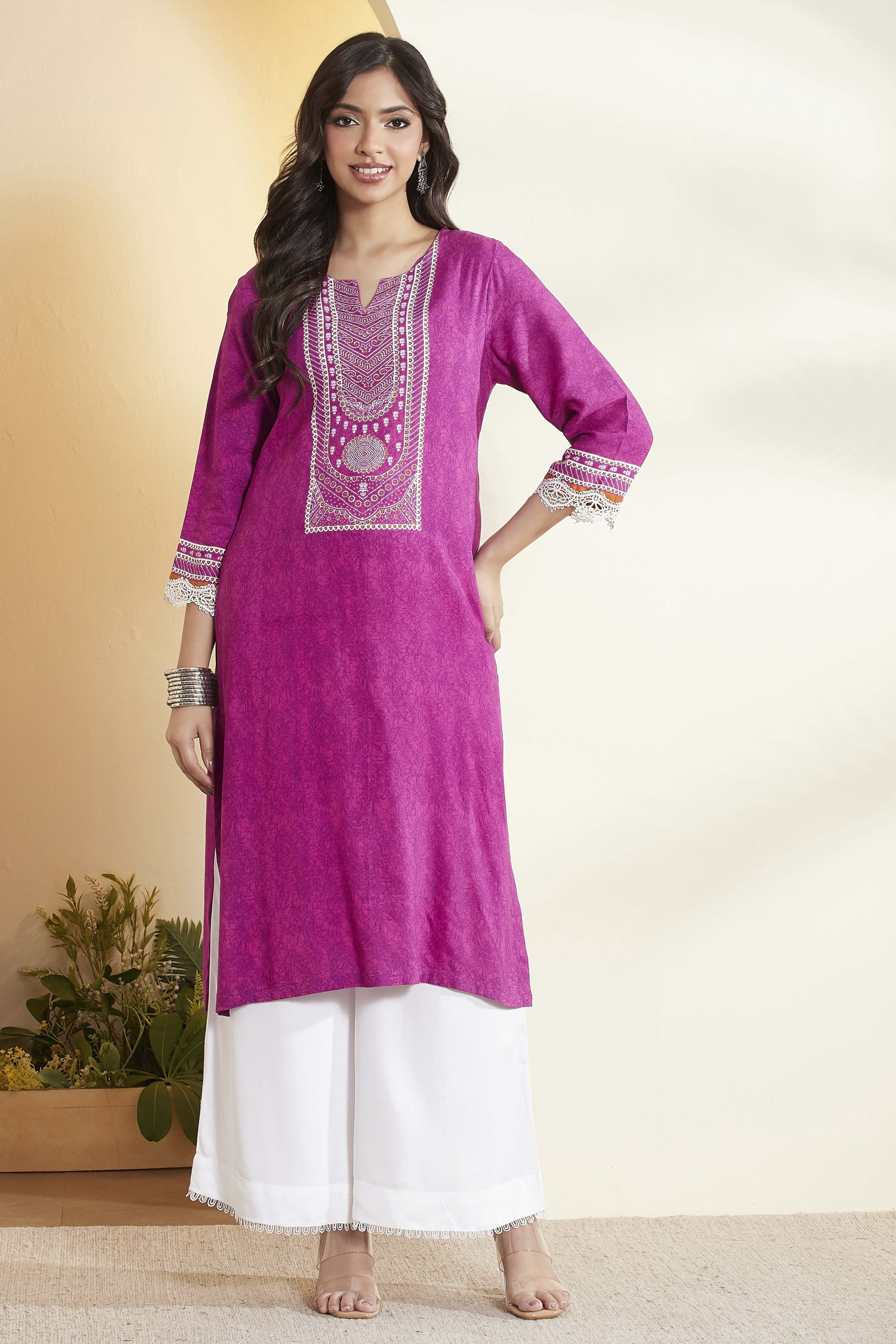 Purple Viscose Rayon Printed Straight Kurta image number 6