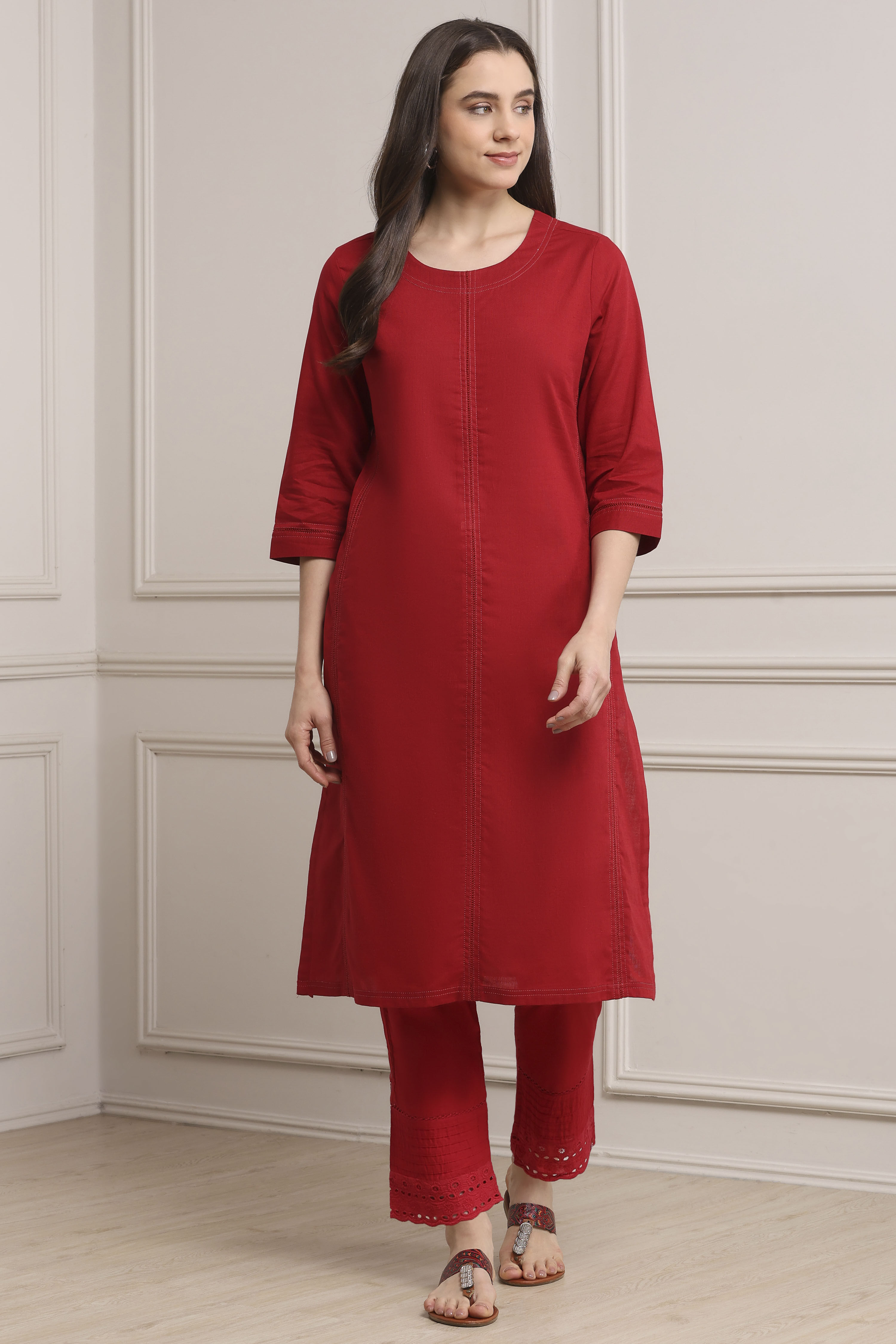 Red Cotton Solid Straight Kurta image number 0