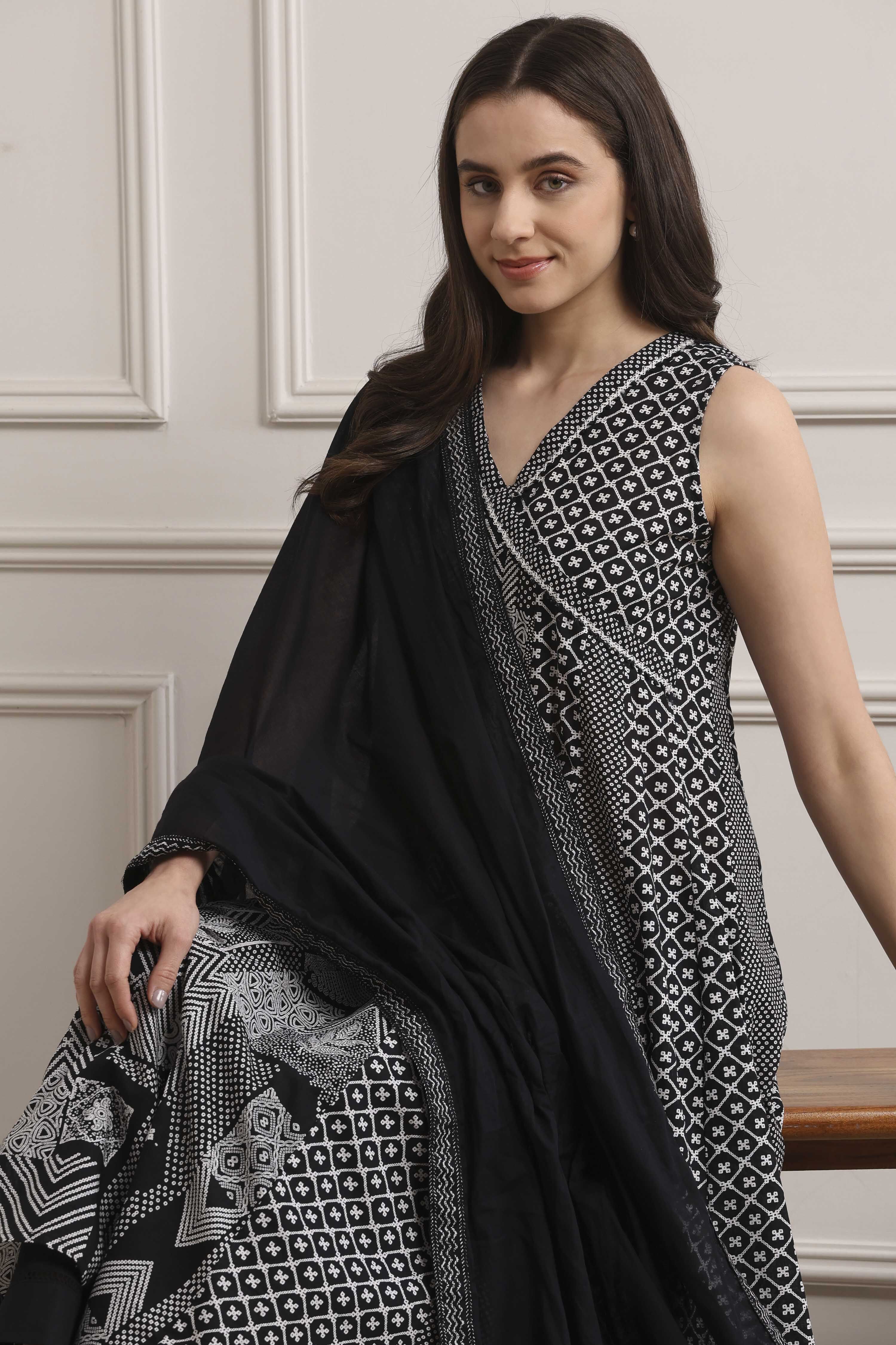 Black Cotton Printed Anarkali Suit Set image number 7