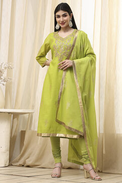Mehandi Green Poly Chanderi Fitted Suit Set image number 5
