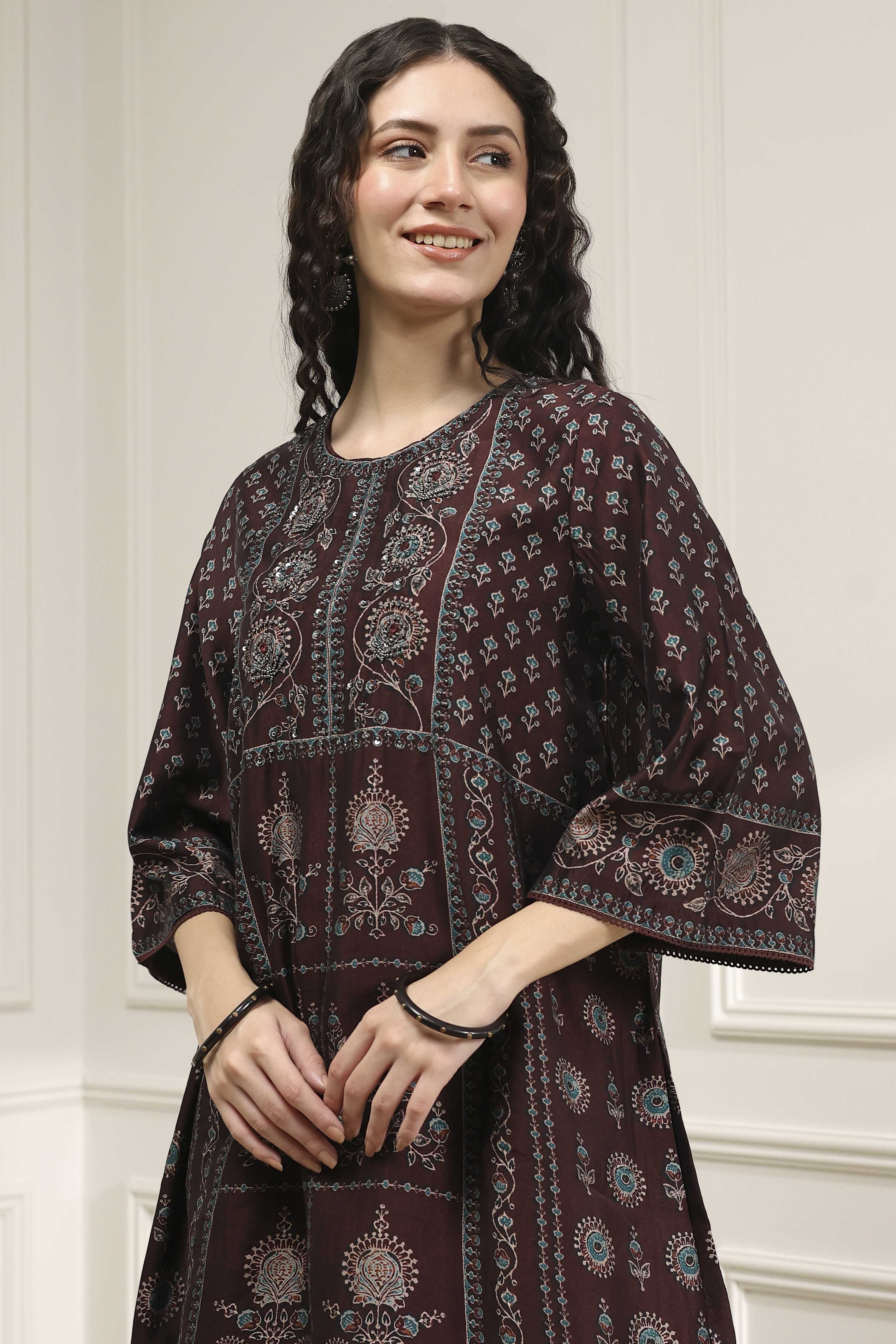 Brown Printed Straight Suit Set image number 1