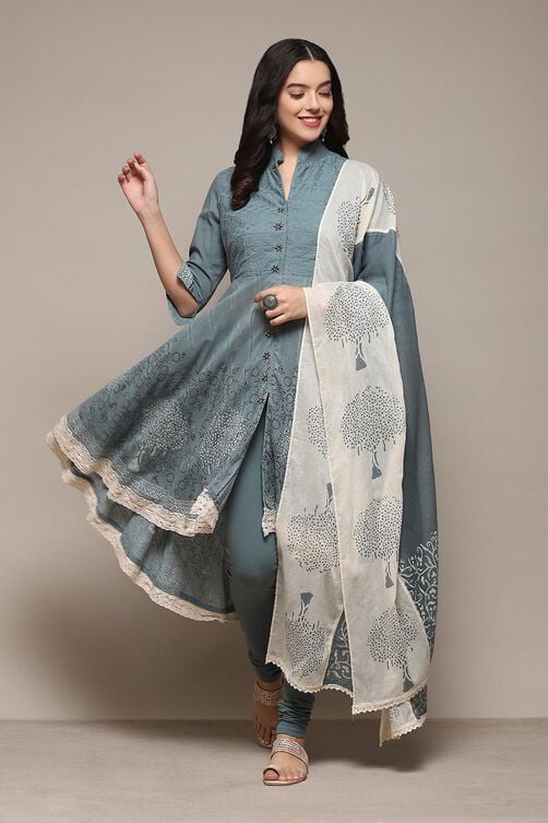 Turquoise Cotton Anarkali Solid Kurta Churidar Suit Set image number 7