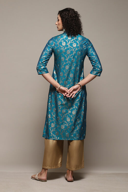 Teal Poly Viscose Straight Printed Kurta image number 4