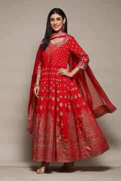 Red Silk Anarkali Kurta Churidar Suit Set image number 5