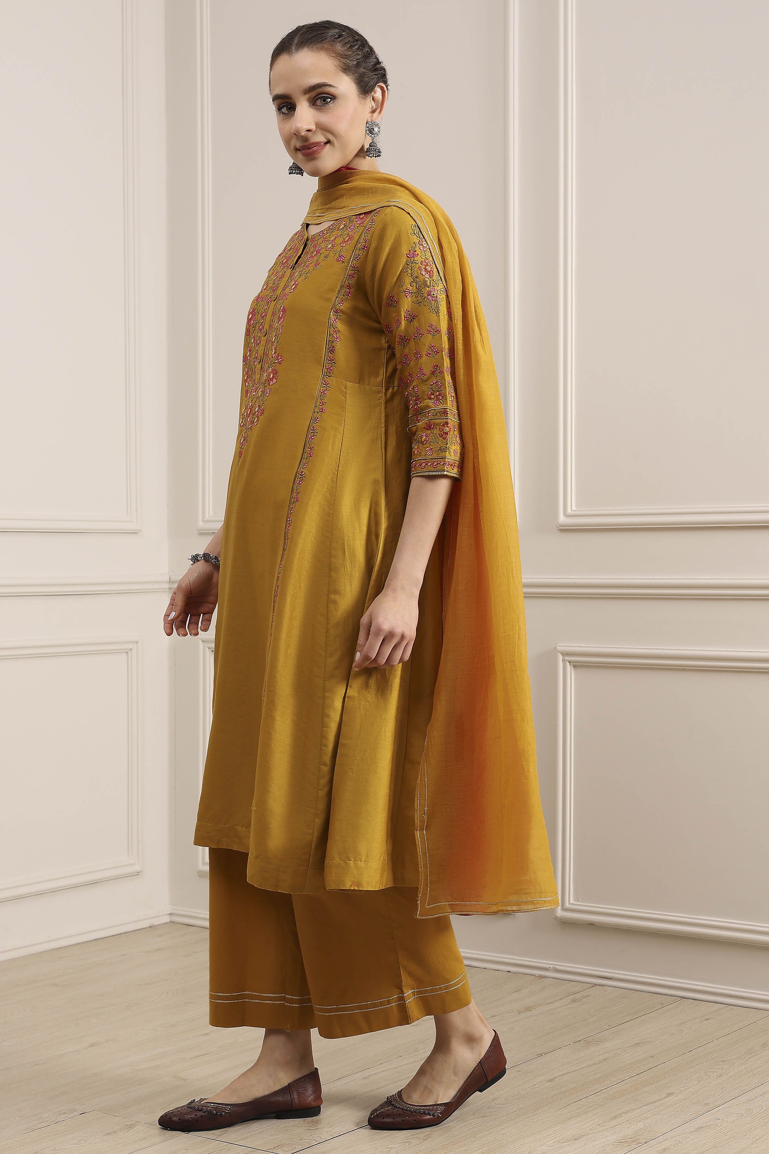 Mustard Yellow Cotton Embroidered Kalidar Suit Set image number 3