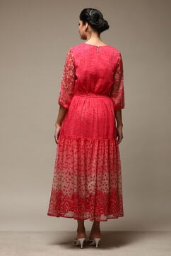 Red Cotton Blend Tiered Printed Dress image number 3