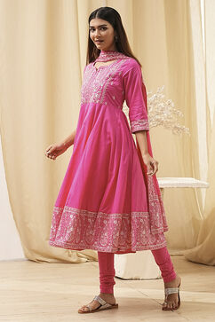 Pink Cotton Embroidered Anarkali Suit Set image number 3