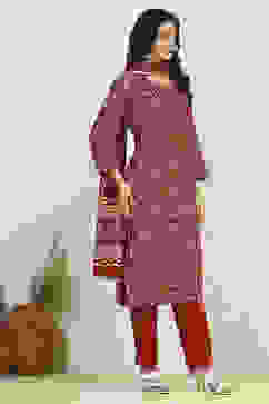 Red Cotton Printed Embroidered Unstitched Suit Set image number 6