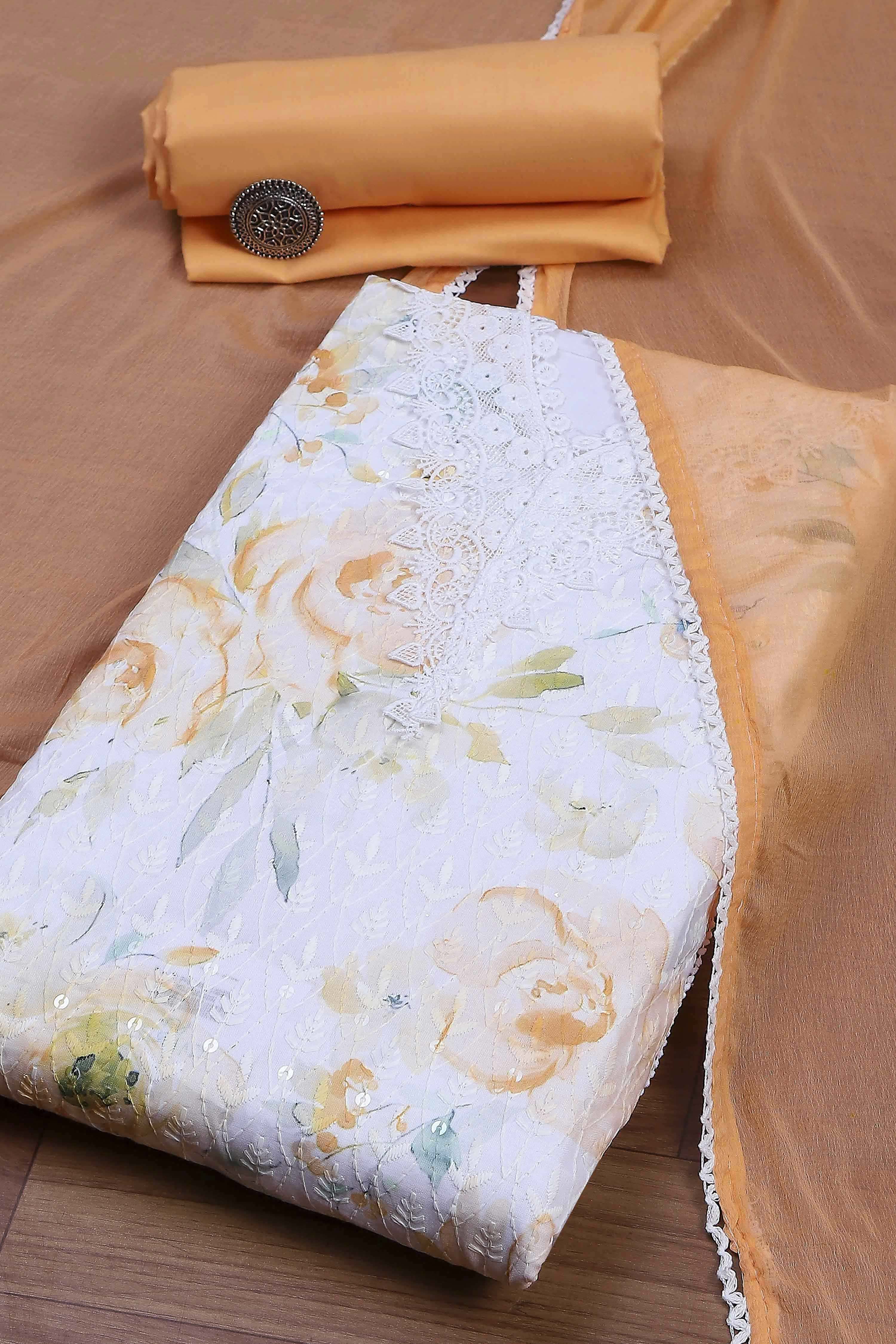 Green Cotton Printed Embroidered Unstitched Suit Set image number 0
