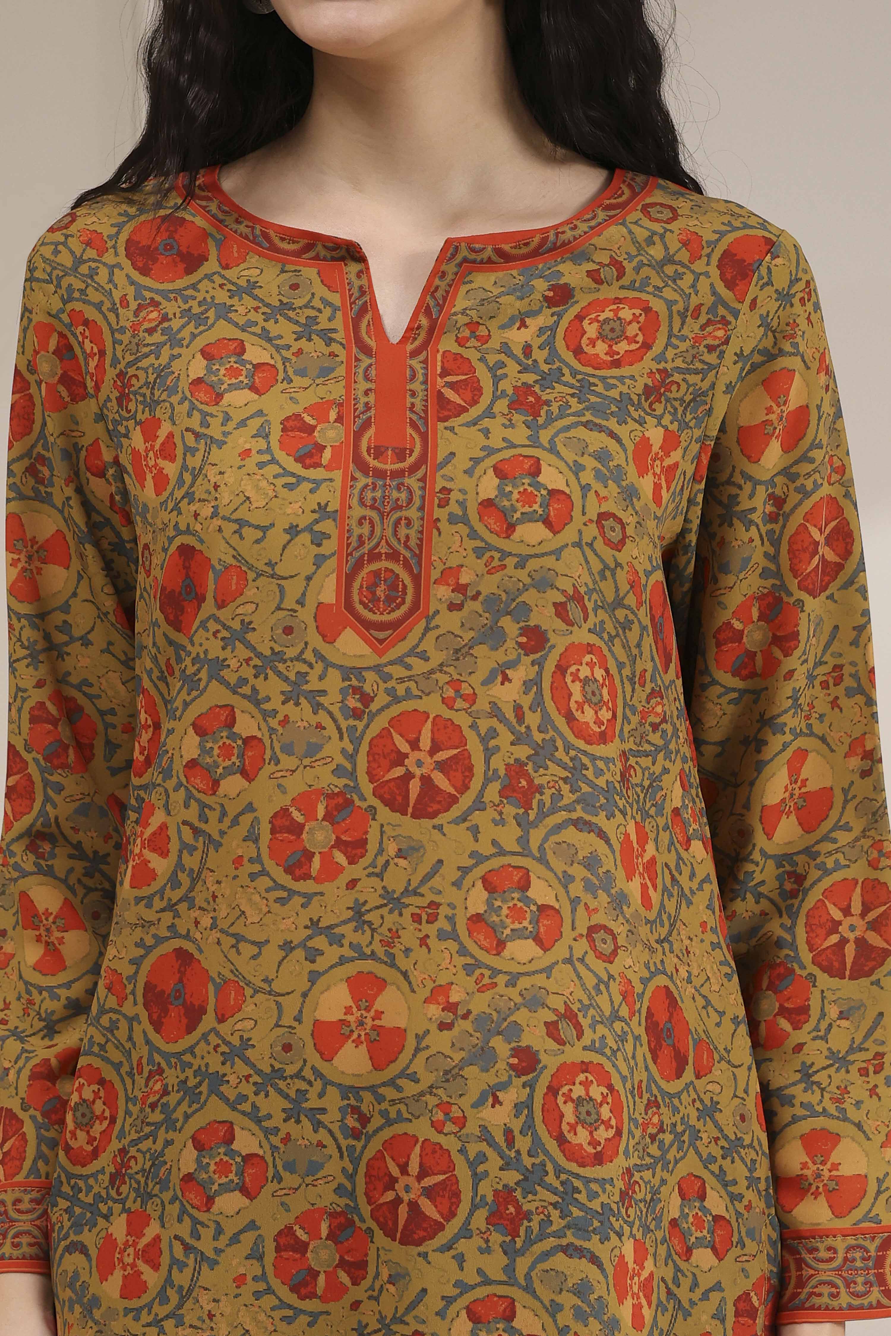 Mustard Red Polyester Straight Printed Short Kurta image number 1