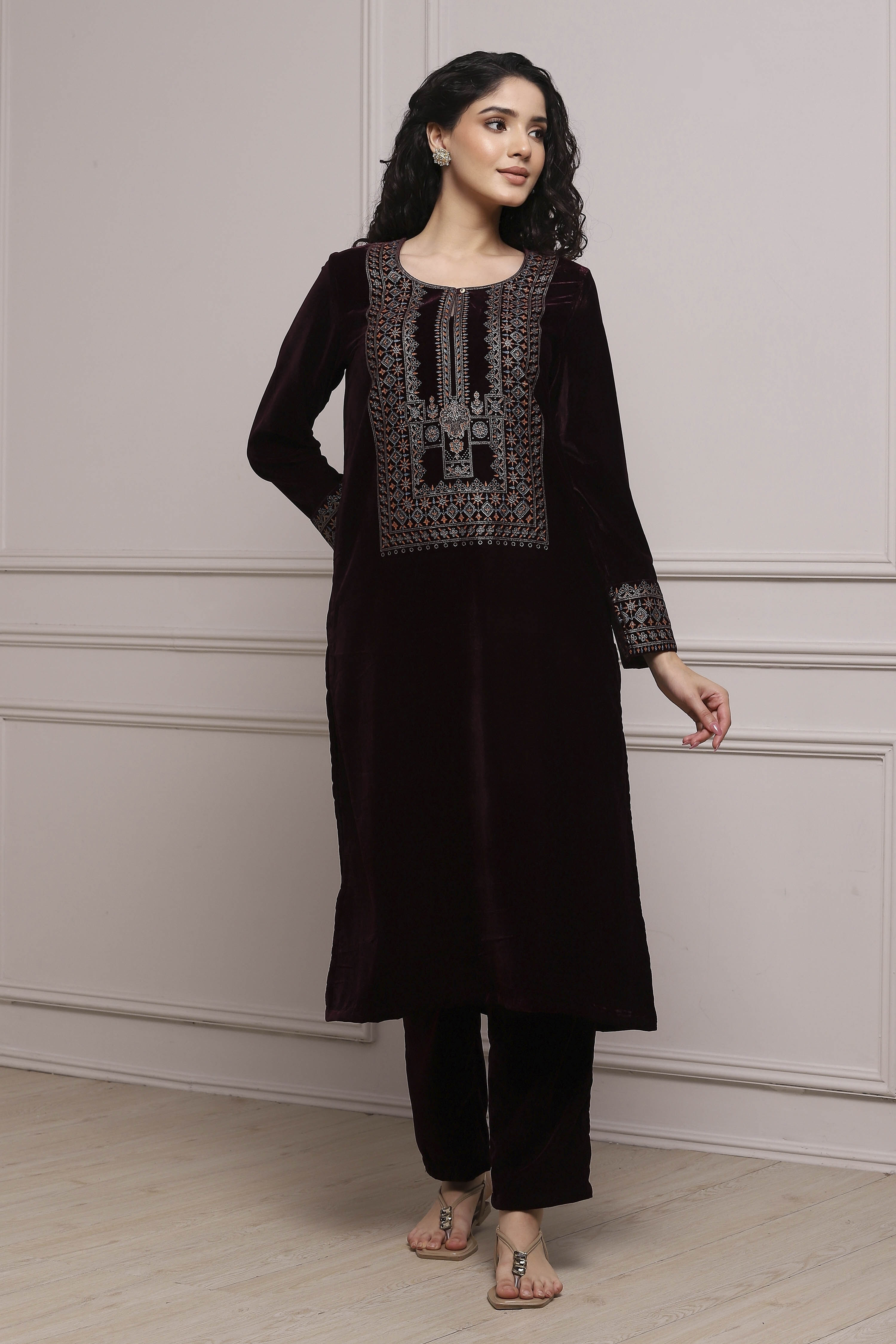 Wine Art Silk Straight Kurta Pants Set image number 5