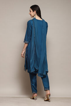 Teal Straight Kurta Pant Suit Set image number 4