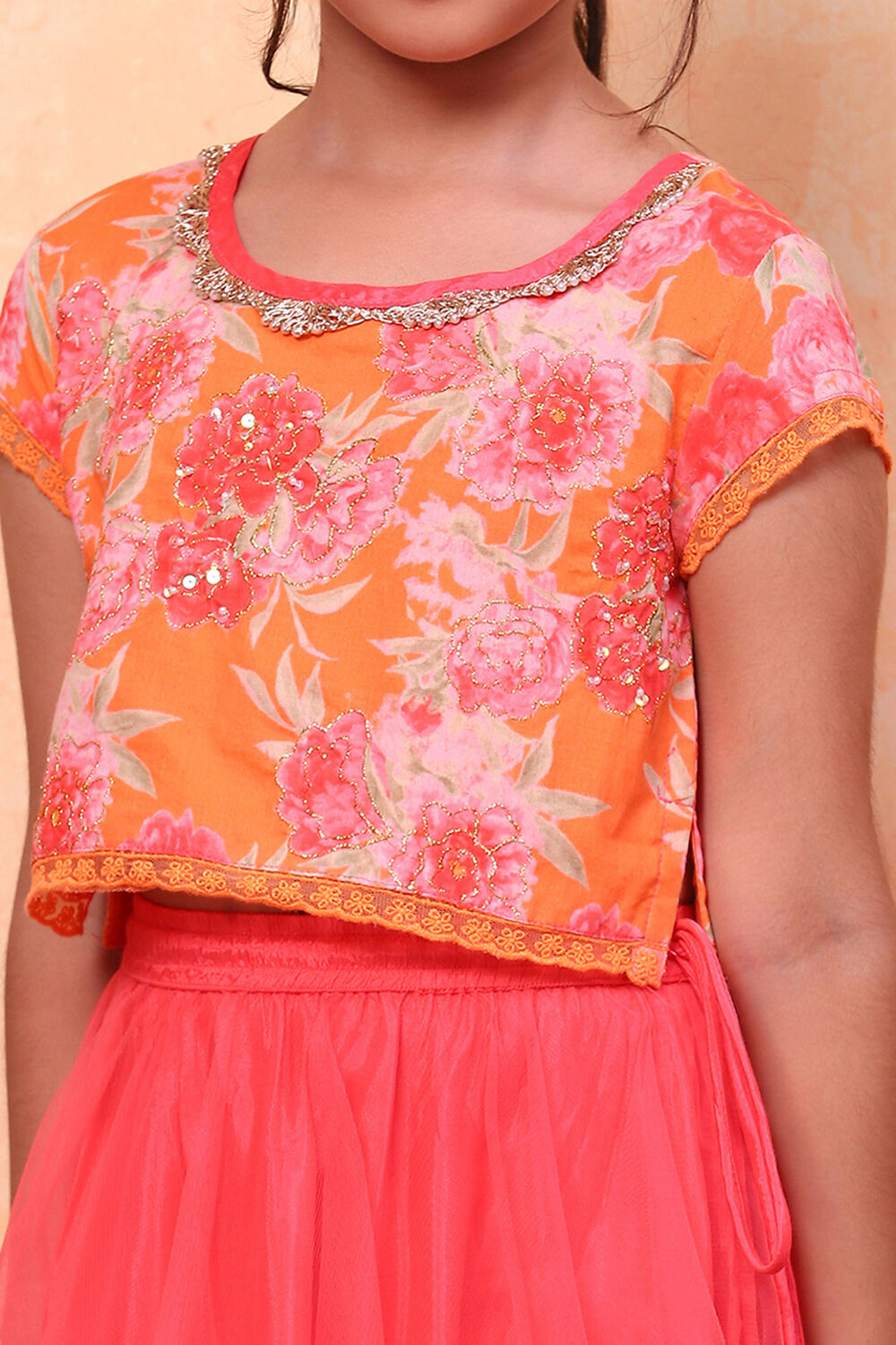 Orange and Pink Floral Festive Flared Lehenga Set image number 1