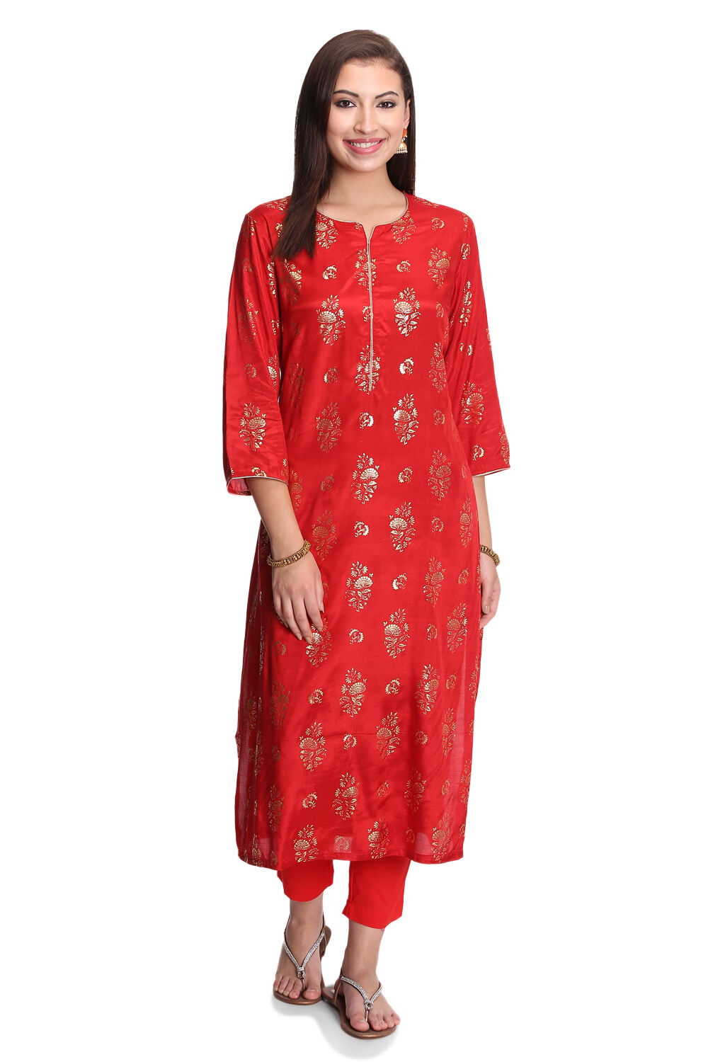 Red Viscose Straight Printed Kurta image number 0