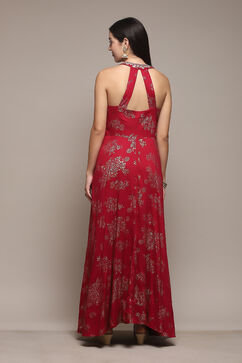 Cherry Red Rayon Flared Printed Dress image number 3
