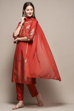 Maroon Viscose Straight Kurta Regular Pant Suit Set image number 7