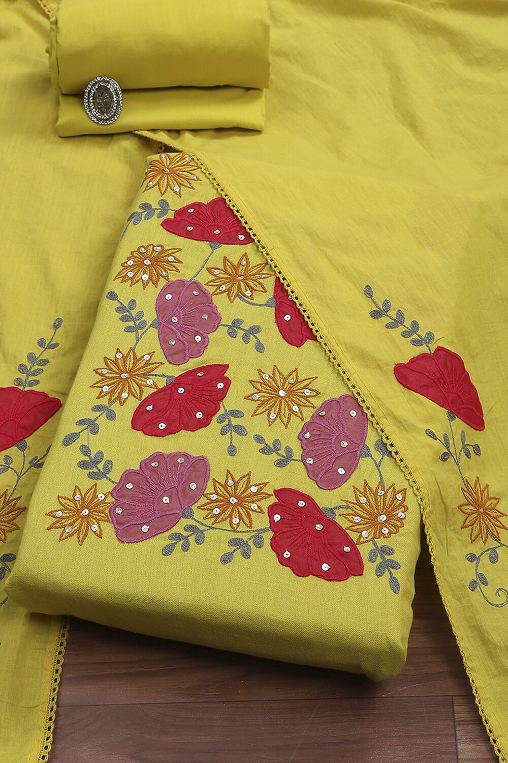 Yellow Cotton Applique Unstitched Suit Set image number 0