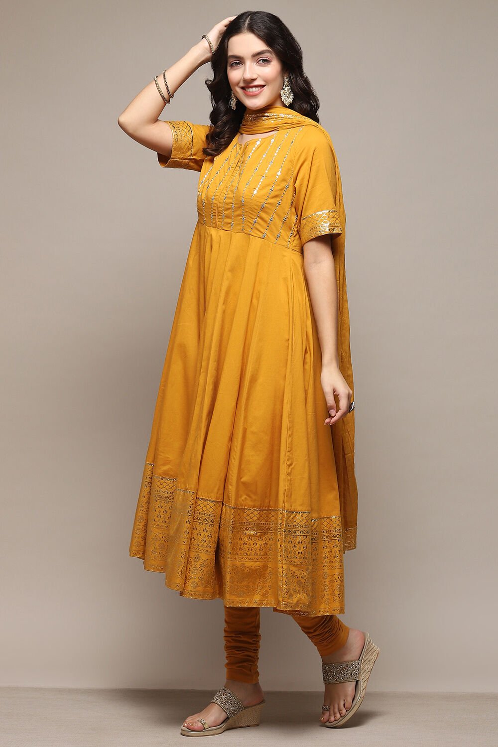 Mustard Cambric Anarkali Kurta Churidar Suit Set